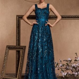 Luxury Square Collar Blue Sequins Evening Dress – Elegant V-Back Gown for Women