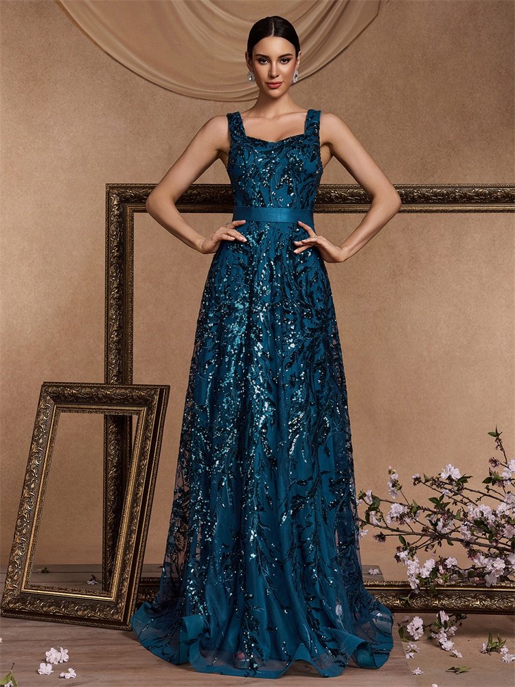 Luxury Square Collar Blue Sequins Evening Dress – Elegant V-Back Gown for Women