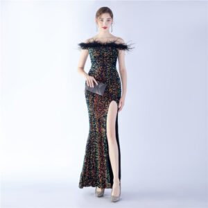 Elegant Evening Party Dress For New Year Luxury Women's Ball Gown Ostrich Feather Maxi Dresses