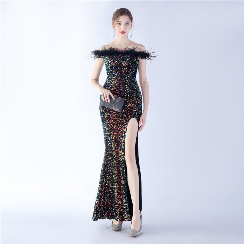 Elegant Evening Party Dress For New Year Luxury Women's Ball Gown Ostrich Feather Maxi Dresses