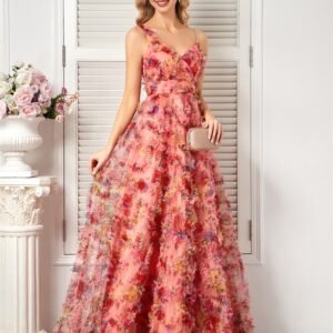 Elegant Pink Floral V-Neck Evening Dress – Floor-Length Bridesmaid & Prom Gown