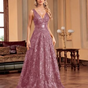 Sexy Deep V-Neck Sequin Evening Dress – Glamorous Formal Gown for Special Occasions