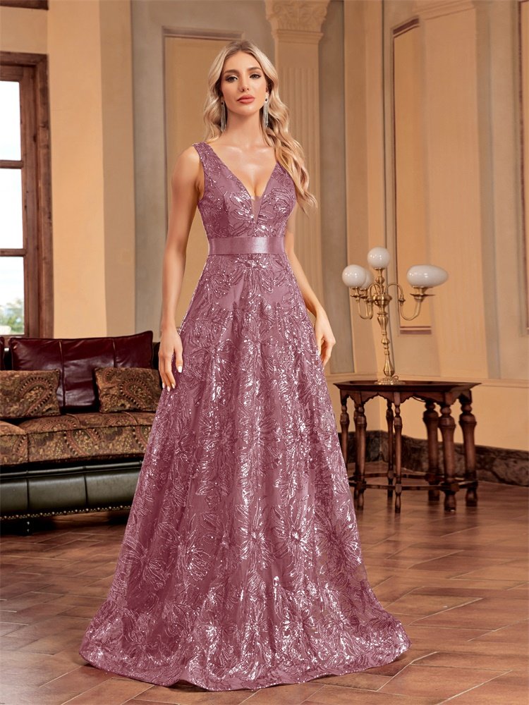 Sexy Deep V-Neck Sequin Evening Dress – Glamorous Formal Gown for Special Occasions