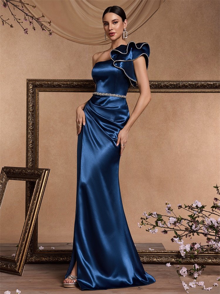 Luxury Blue Mermaid Prom Dress – Satin Split Evening Gown for Cocktail Parties & Special Events