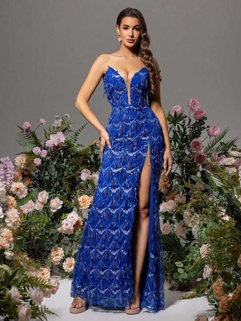 Sexy V-Neck Strapless High Slit Blue Sequin Evening Maxi Dress - Glamorous & Elegant