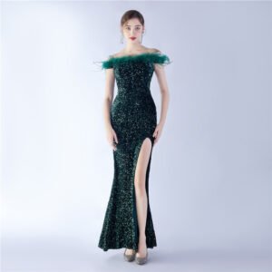 Elegant Evening Party Dress For New Year Luxury Women's Ball Gown Ostrich Feather Maxi Dresses