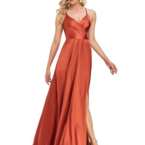 Sexy Backless Evening Dress – V-Neck High Slit Satin Formal Gown for Parties