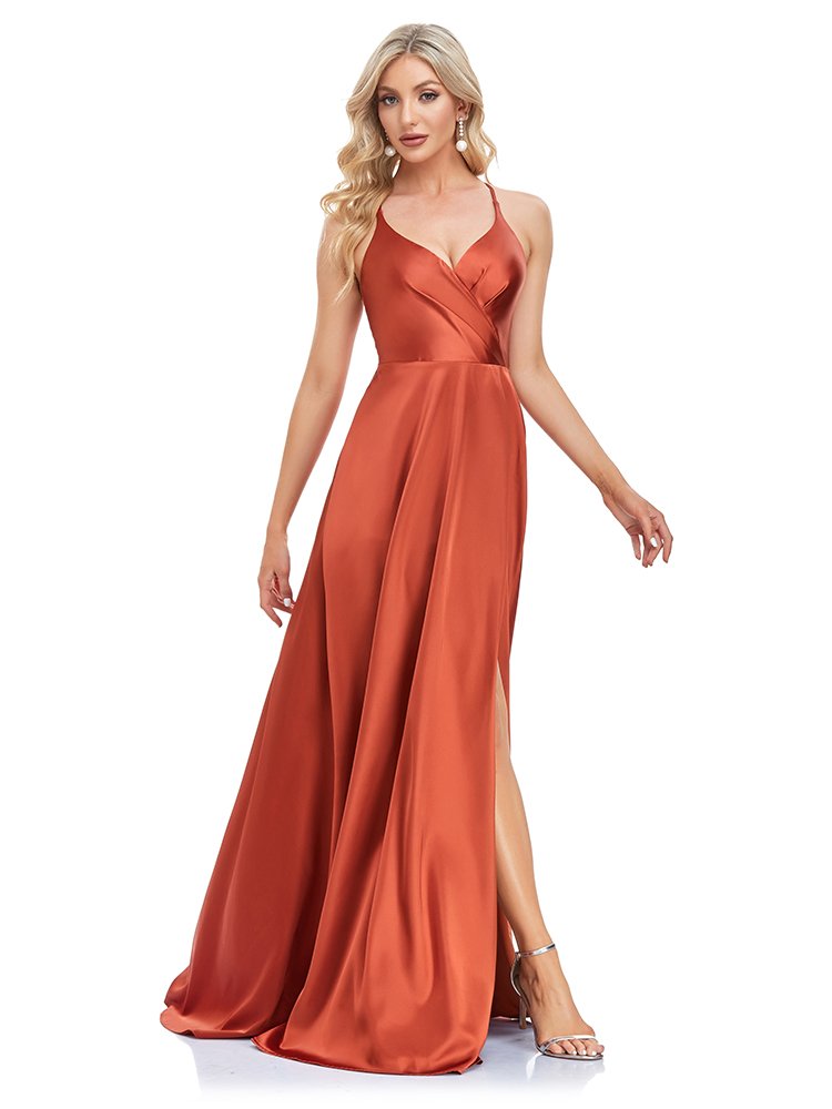 Sexy Backless Evening Dress – V-Neck High Slit Satin Formal Gown for Parties