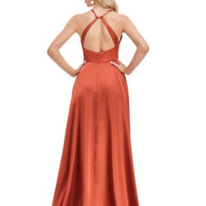 Sexy Backless Evening Dress – V-Neck High Slit Satin Formal Gown for Parties