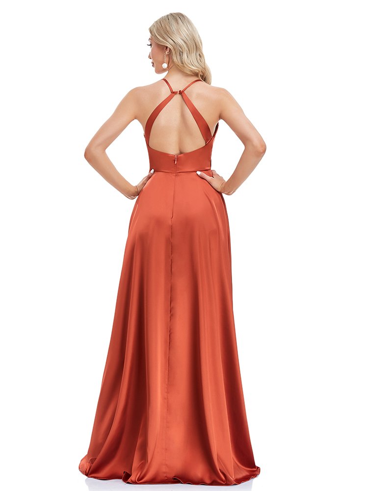 Sexy Backless Evening Dress – V-Neck High Slit Satin Formal Gown for Parties