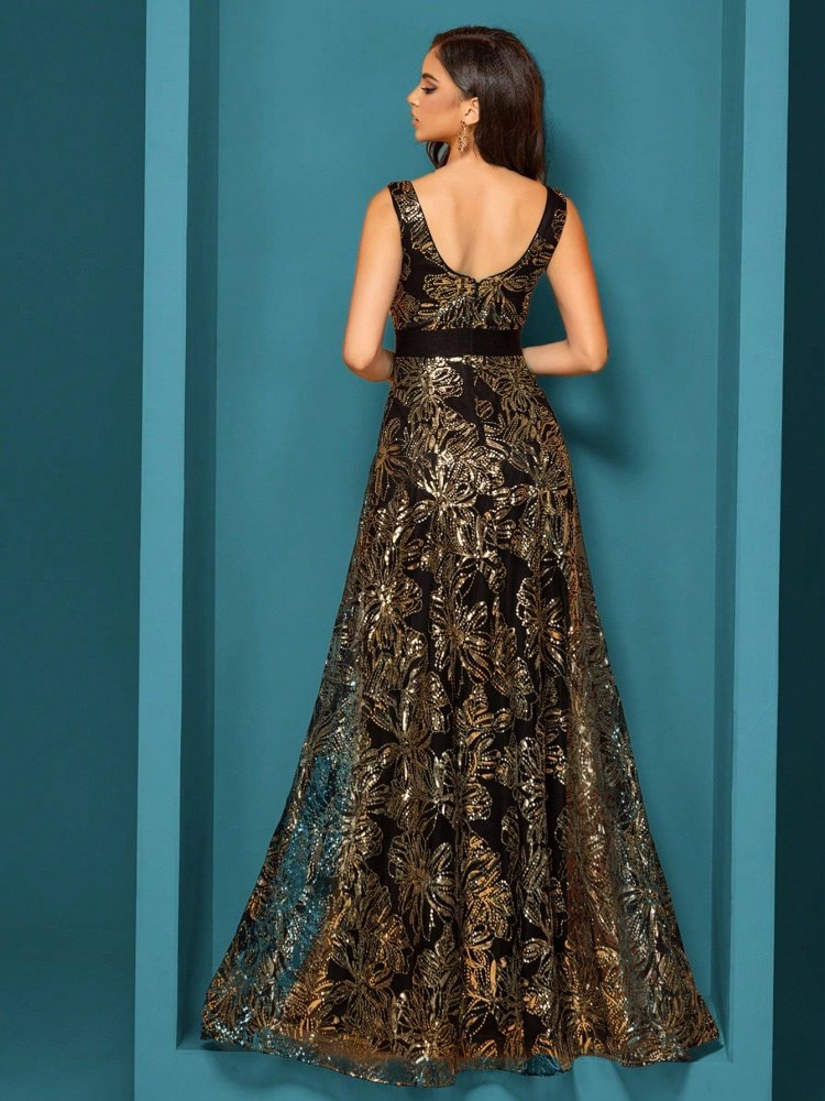 Sexy Deep V-Neck Sequin Evening Dress – Glamorous Formal Gown for Special Occasions