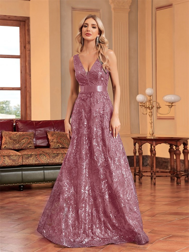 Sexy Deep V-Neck Sequin Evening Dress – Glamorous Formal Gown for Special Occasions