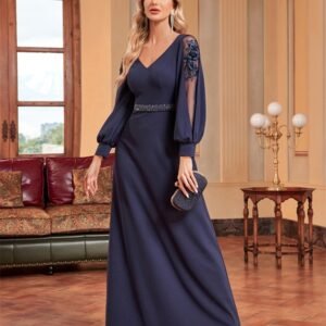 Luxury Long Sleeve Floor-Length Evening Dress – Elegant V-Neck Formal Gown for Prom & Parties