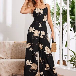 Summer Elegant Black Spaghetti Strap Overalls with Flower Print Jumpsuits for Women