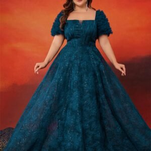 Plus Size Elegant Blue Sequin Evening Dress – Short Sleeve Luxury Party Gown