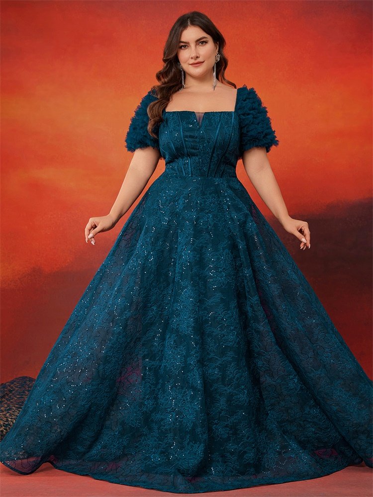 Plus Size Elegant Blue Sequin Evening Dress – Short Sleeve Luxury Party Gown