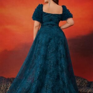 Plus Size Elegant Blue Sequin Evening Dress – Short Sleeve Luxury Party Gown