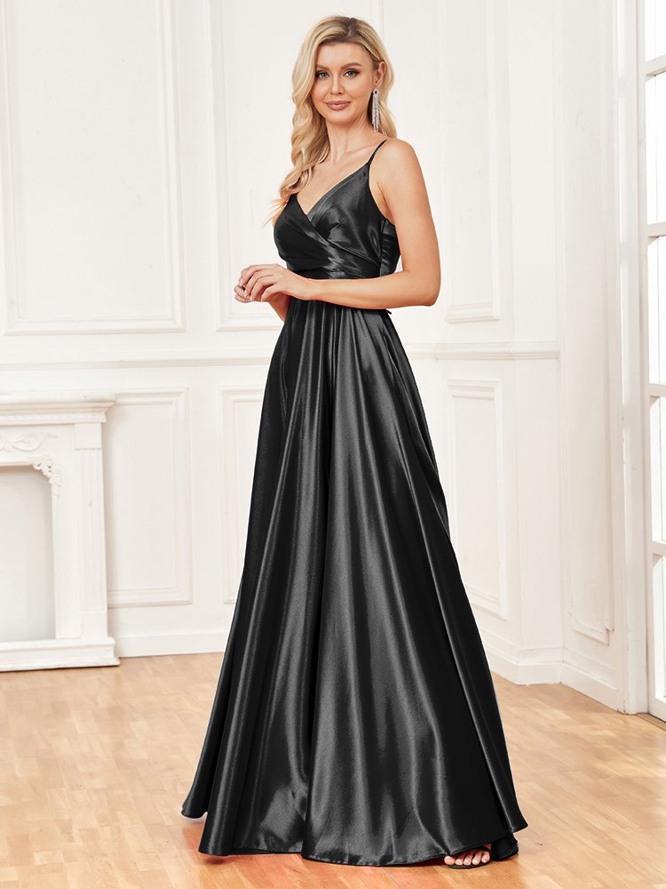 Luxury V-Neck Satin Sleeveless Blue Formal Evening Dress – Elegant & Sophisticated Gown