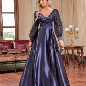 Plus Size Gold V-Neck Sequin Evening Dress – Elegant Long Sleeve Maxi Gown for Parties & Prom