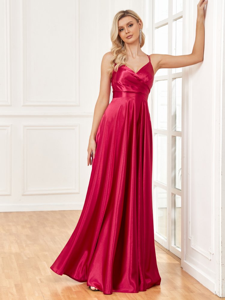 Luxury V-Neck Satin Sleeveless Blue Formal Evening Dress – Elegant & Sophisticated Gown