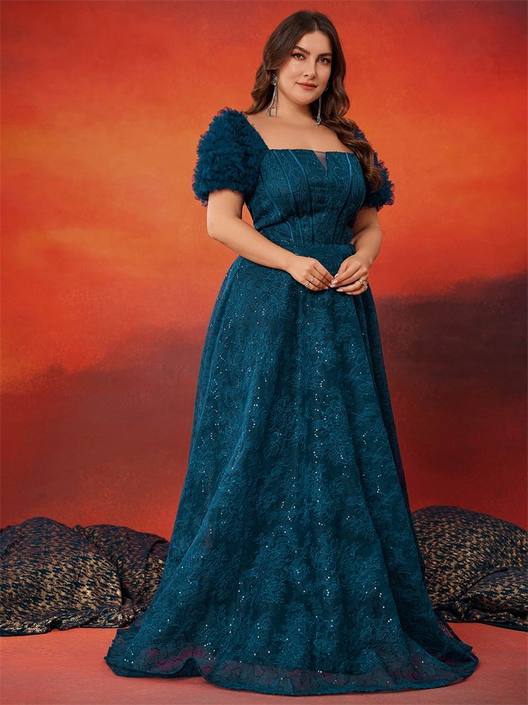 Plus Size Elegant Blue Sequin Evening Dress – Short Sleeve Luxury Party Gown