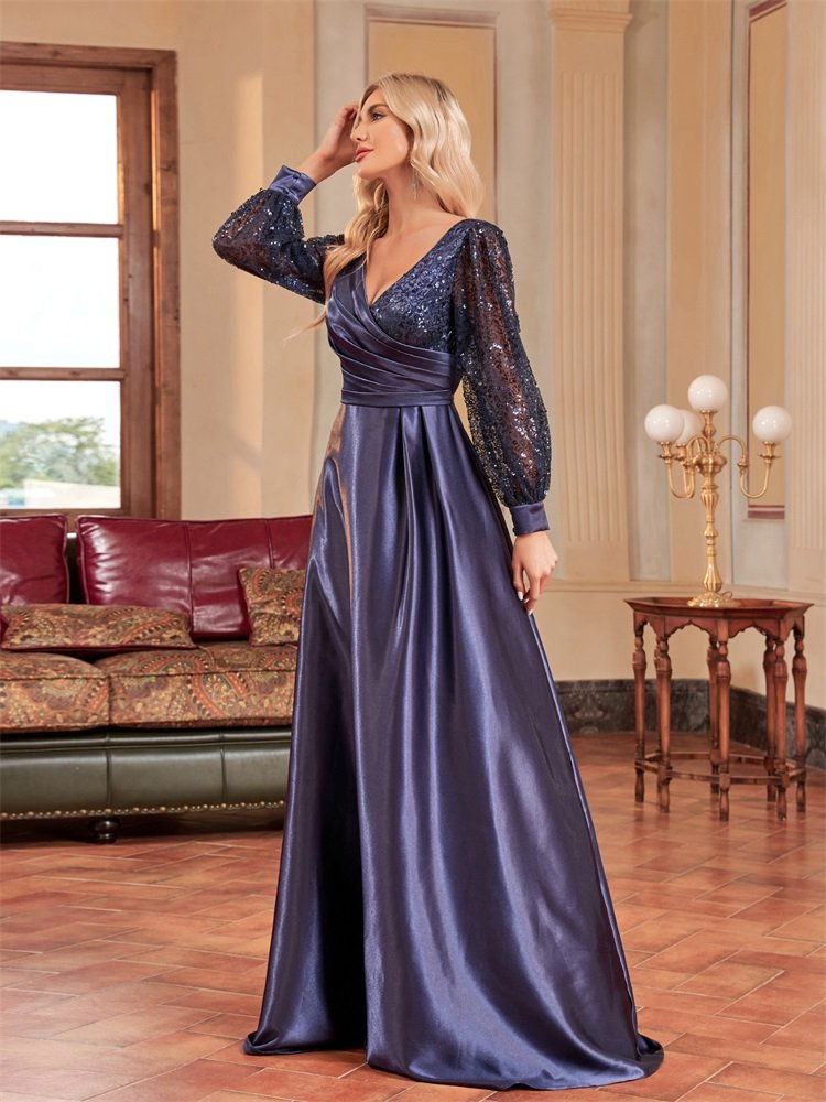Plus Size Gold V-Neck Sequin Evening Dress – Elegant Long Sleeve Maxi Gown for Parties & Prom