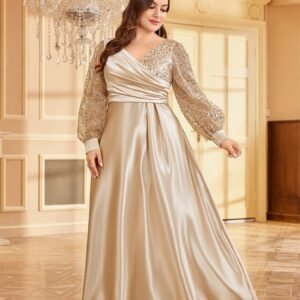 Plus Size Gold V-Neck Sequin Evening Dress – Elegant Long Sleeve Maxi Gown for Parties & Prom