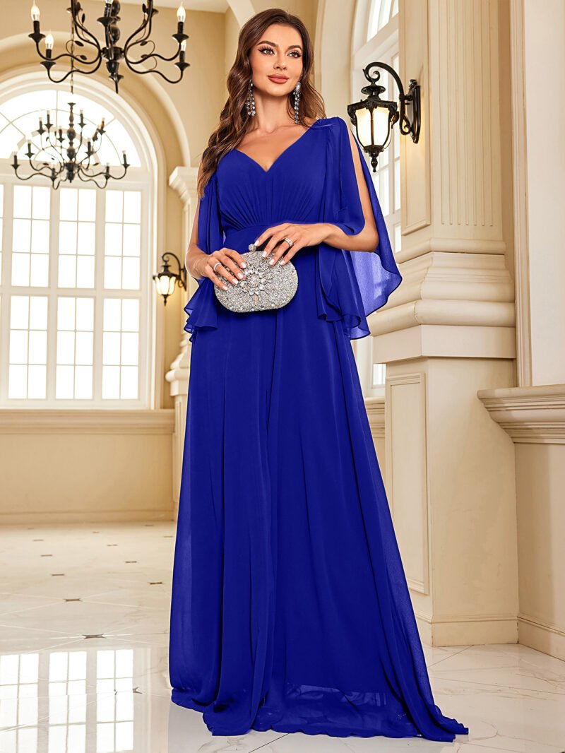 Luxury Chiffon Long Sleeve Navy Evening Dress – Sexy High Split V-Back Formal Gown