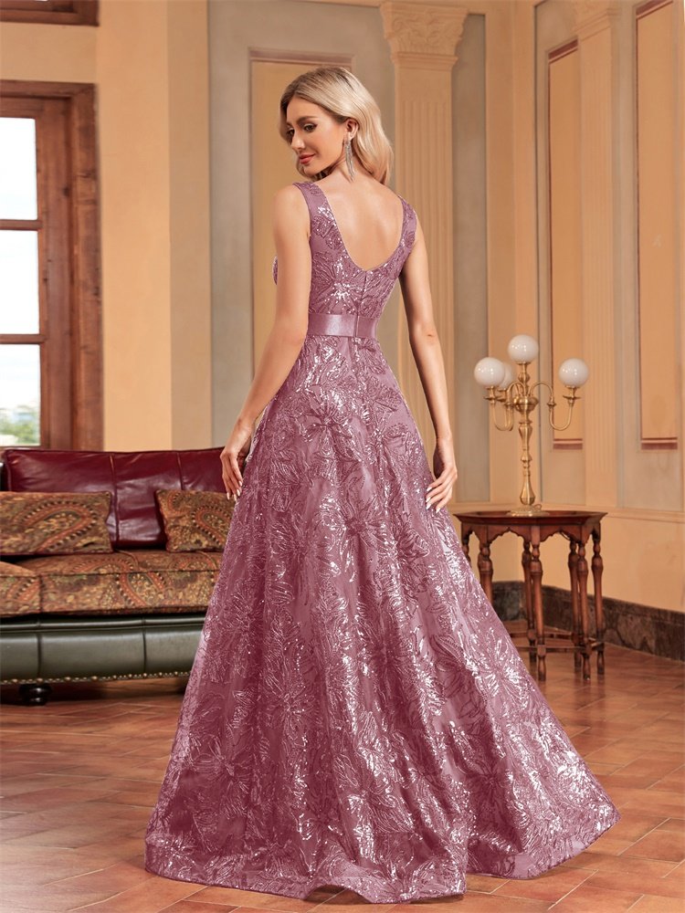 Sexy Deep V-Neck Sequin Evening Dress – Glamorous Formal Gown for Special Occasions