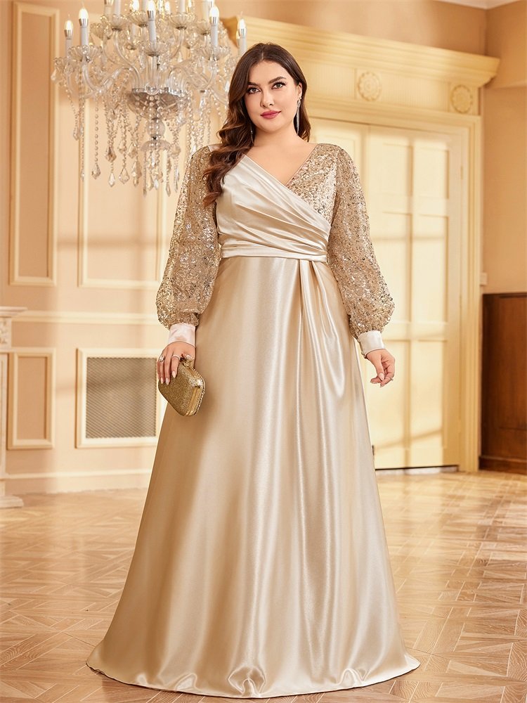 Plus Size Gold V-Neck Sequin Evening Dress – Elegant Long Sleeve Maxi Gown for Parties & Prom
