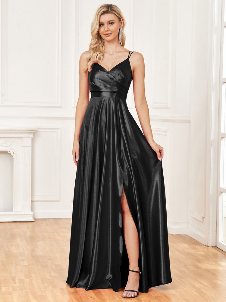 Luxury V-Neck Satin Sleeveless Blue Formal Evening Dress – Elegant & Sophisticated Gown