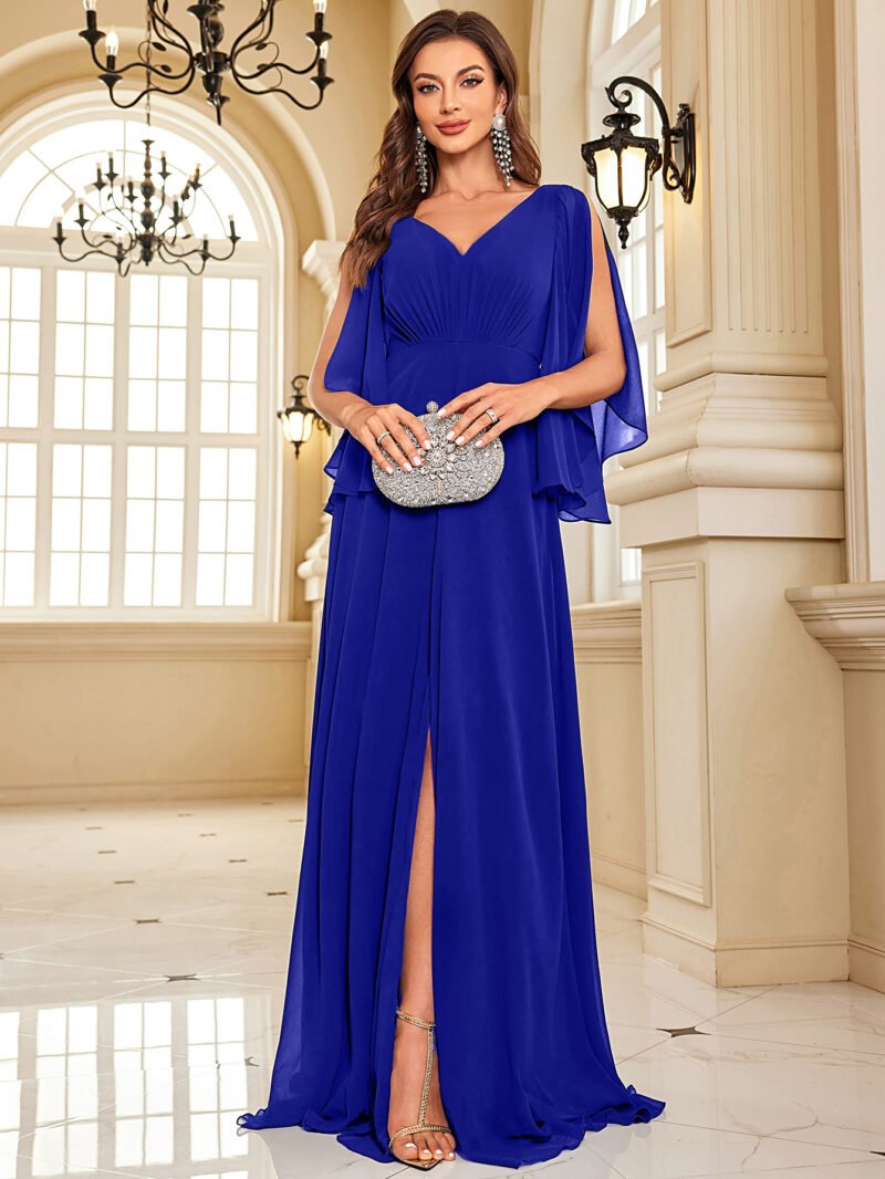 Luxury Chiffon Long Sleeve Navy Evening Dress – Sexy High Split V-Back Formal Gown