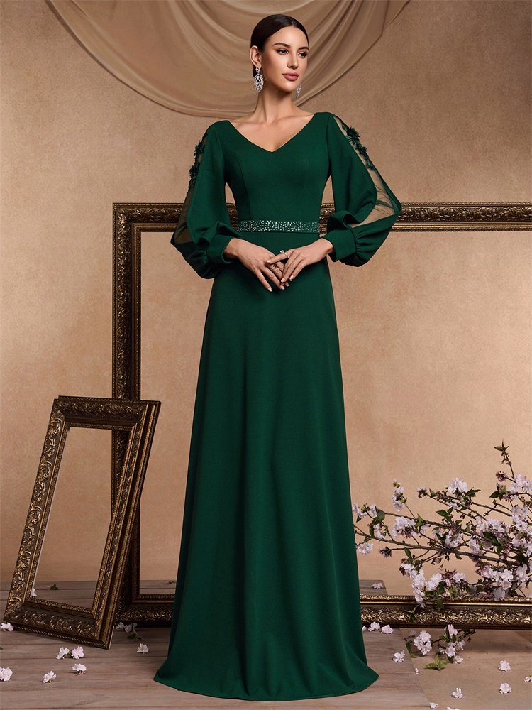 Luxury Long Sleeve Floor-Length Evening Dress – Elegant V-Neck Formal Gown for Prom & Parties