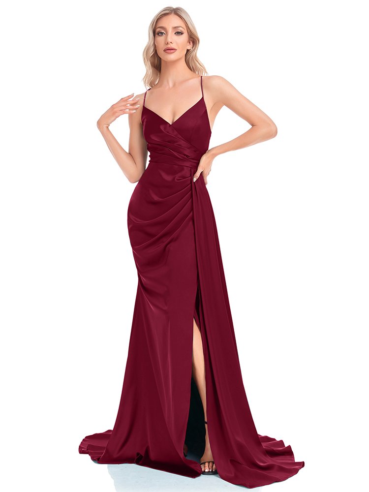 Navy Blue Women’s Party Maxi Dress – Soft Satin V-Neck with Slit for Elegant Evenings