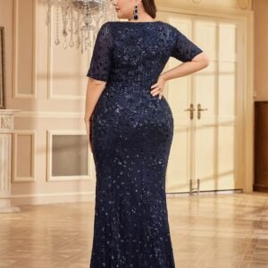 Plus Size Elegant V-Neck Sequin Evening Dress – Short Sleeve Mermaid Formal Gown for Prom & Parties