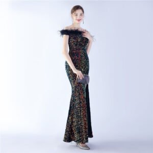 Elegant Evening Party Dress For New Year Luxury Women's Ball Gown Ostrich Feather Maxi Dresses
