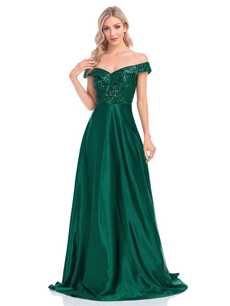 Sequin Royal Off-Shoulder Satin Party Dress – Elegant Prom & Cocktail Gown
