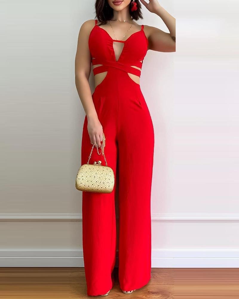 Summer Women’s Sexy Cutout Spaghetti Strap Jumpsuit – Straight Leg Pants for Chic Style