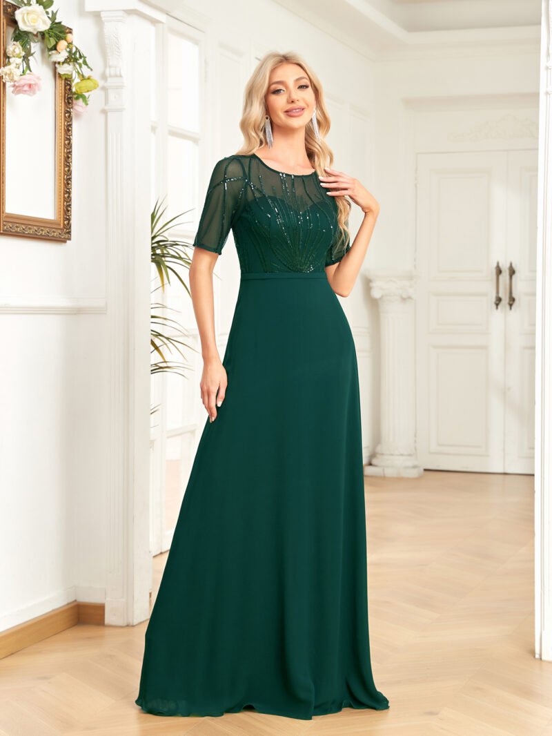 Short Sleeve Sequin Formal Evening Dress – Black Chiffon Mermaid Gown for Prom & Weddings