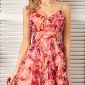 Elegant Pink Floral V-Neck Evening Dress – Floor-Length Bridesmaid & Prom Gown