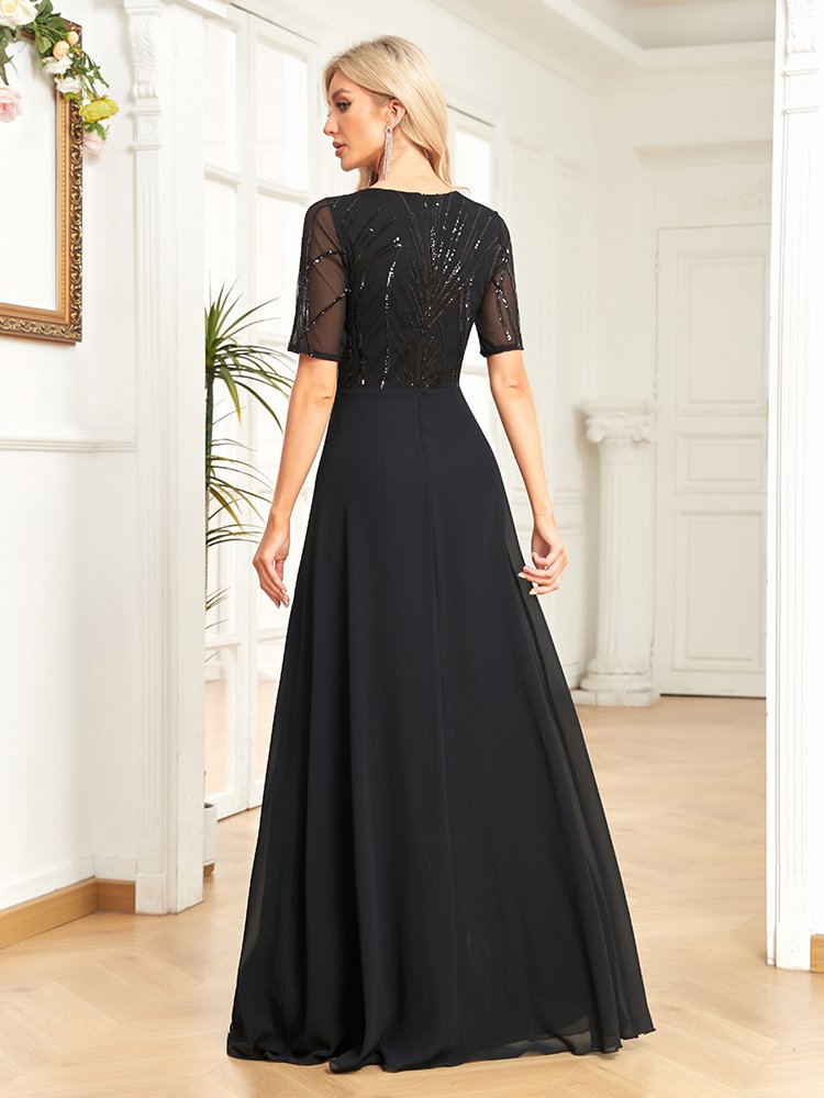 Short Sleeve Sequin Formal Evening Dress – Black Chiffon Mermaid Gown for Prom & Weddings