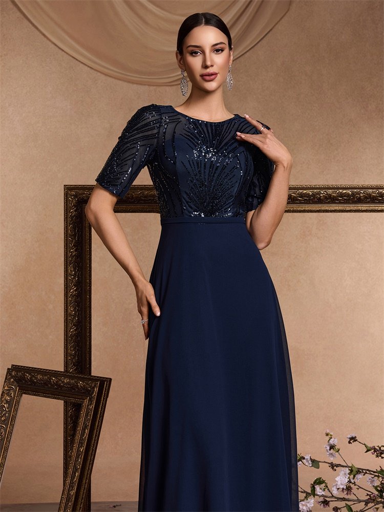 Short Sleeve Sequin Formal Evening Dress – Black Chiffon Mermaid Gown for Prom & Weddings
