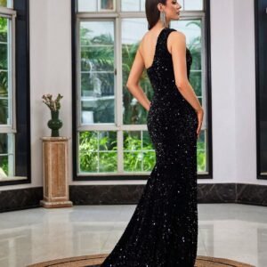 Sexy Black Sequin Embellished Slit Maxi Dress – Evening Party Gown