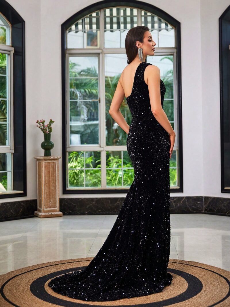 Sexy Black Sequin Embellished Slit Maxi Dress – Evening Party Gown