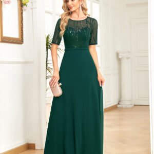 Short Sleeve Sequin Formal Evening Dress – Black Chiffon Mermaid Gown for Prom & Weddings