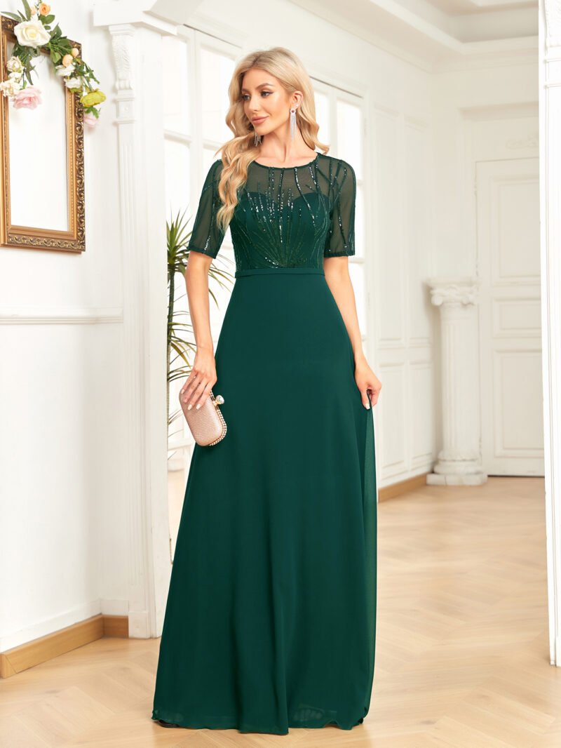 Short Sleeve Sequin Formal Evening Dress – Black Chiffon Mermaid Gown for Prom & Weddings