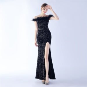 Elegant Evening Party Dress For New Year Luxury Women's Ball Gown Ostrich Feather Maxi Dresses