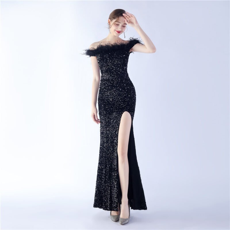 Elegant Evening Party Dress For New Year Luxury Women's Ball Gown Ostrich Feather Maxi Dresses