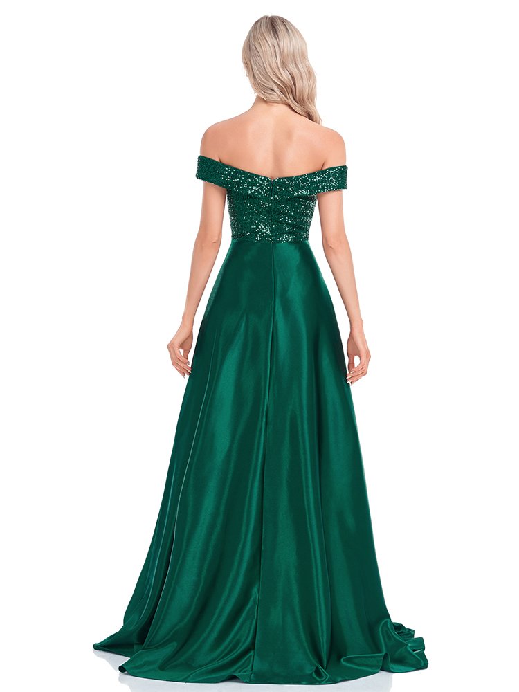 Sequin Royal Off-Shoulder Satin Party Dress – Elegant Prom & Cocktail Gown