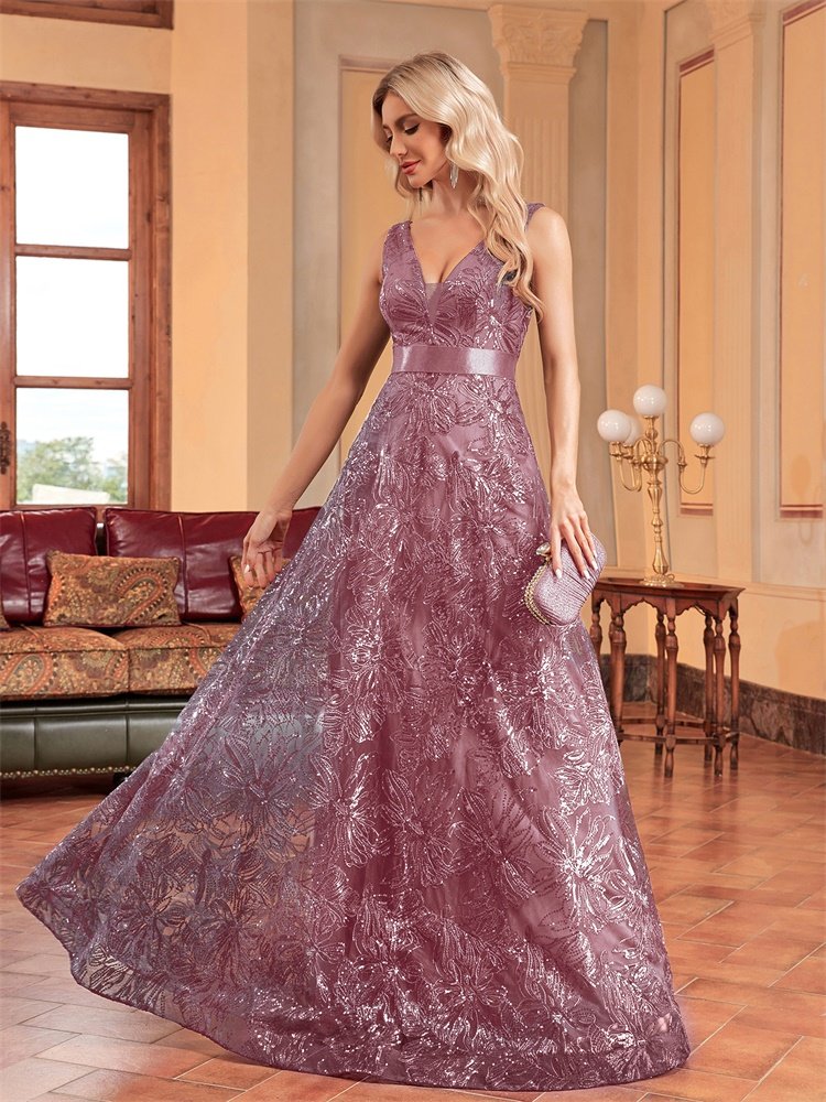 Sexy Deep V-Neck Sequin Evening Dress – Glamorous Formal Gown for Special Occasions